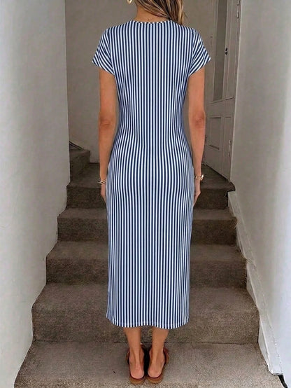 LUNE Women's Blue And White Stripe Summer Casual Brunch Dress,Elegant Printed Twist Waist High Slit Sleeveless Midi Bodycon Wedding Guest Office Attire
