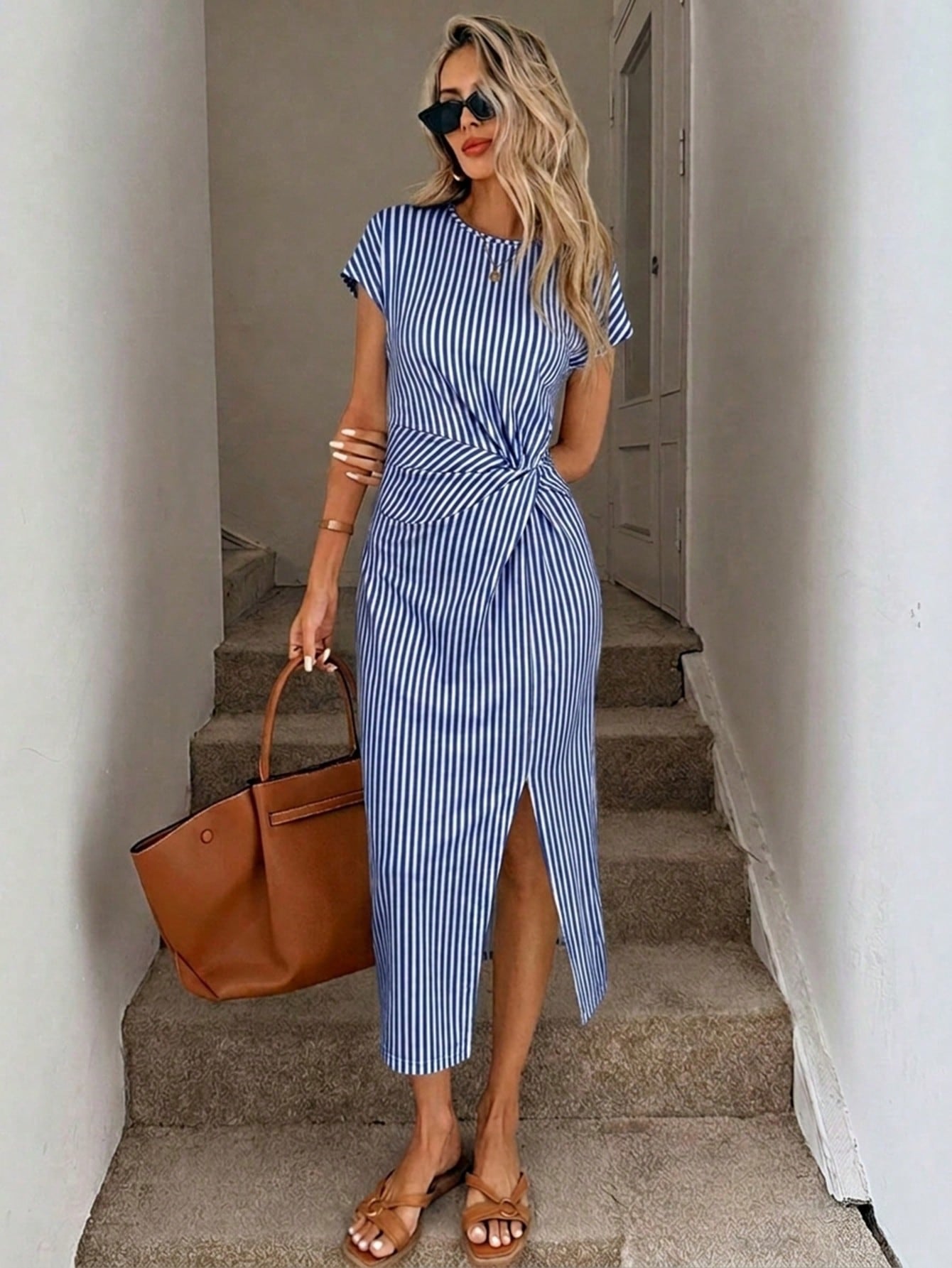 LUNE Women's Blue And White Stripe Summer Casual Brunch Dress,Elegant Printed Twist Waist High Slit Sleeveless Midi Bodycon Wedding Guest Office Attire
