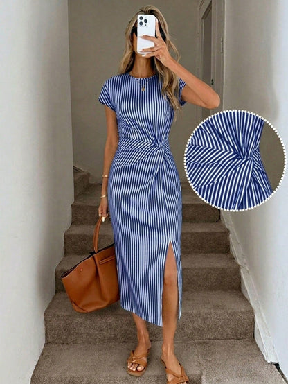 LUNE Women's Blue And White Stripe Summer Casual Brunch Dress,Elegant Printed Twist Waist High Slit Sleeveless Midi Bodycon Wedding Guest Office Attire