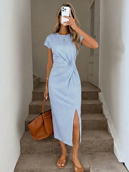 LUNE Women's Blue And White Stripe Summer Casual Brunch Dress,Elegant Printed Twist Waist High Slit Sleeveless Midi Bodycon Wedding Guest Office Attire