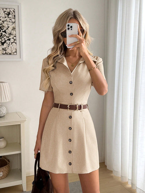 LUNE Women's Brown Summer Elegant Everyday Collared Button Front Cinched Waist A-Line Short Sleeve Shirt Dress,Casual Relaxed Office Wear French Style