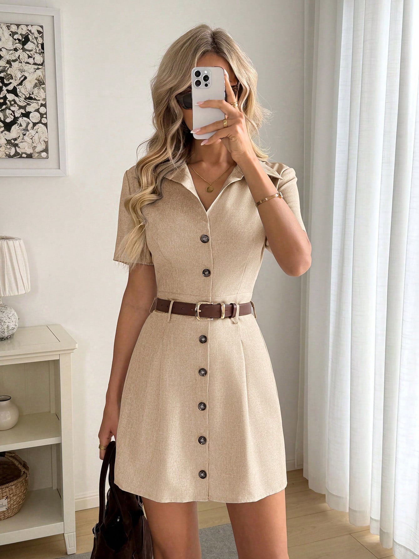 LUNE Women's Brown Summer Elegant Everyday Collared Button Front Cinched Waist A-Line Short Sleeve Shirt Dress,Casual Relaxed Office Wear French Style