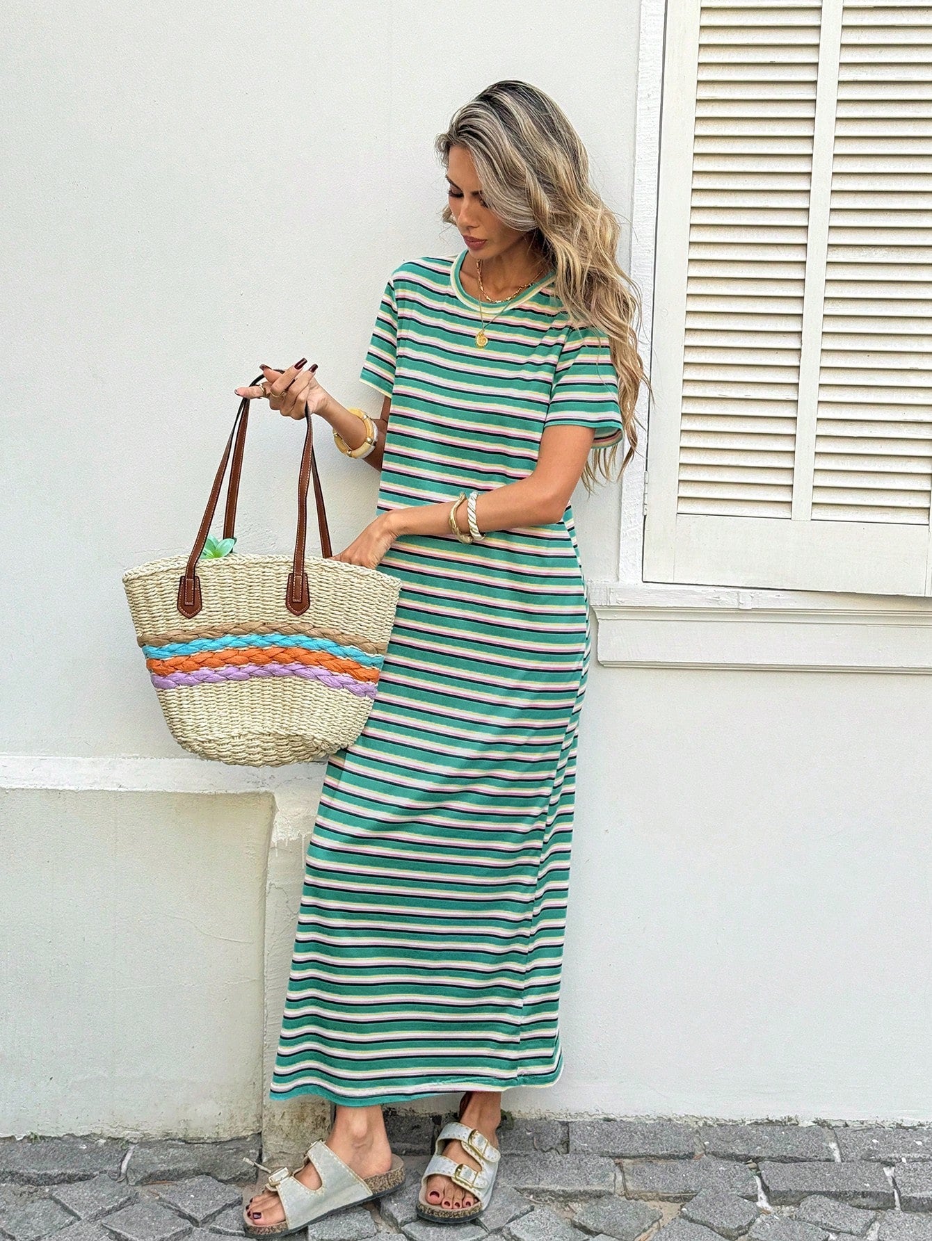 LUNE Women's Casual Tropical Blue And White Stripe Belt Decor Summer Beach Vacation Daily Basic Fashion Outing Outfit Short Sleeve Midi Dress