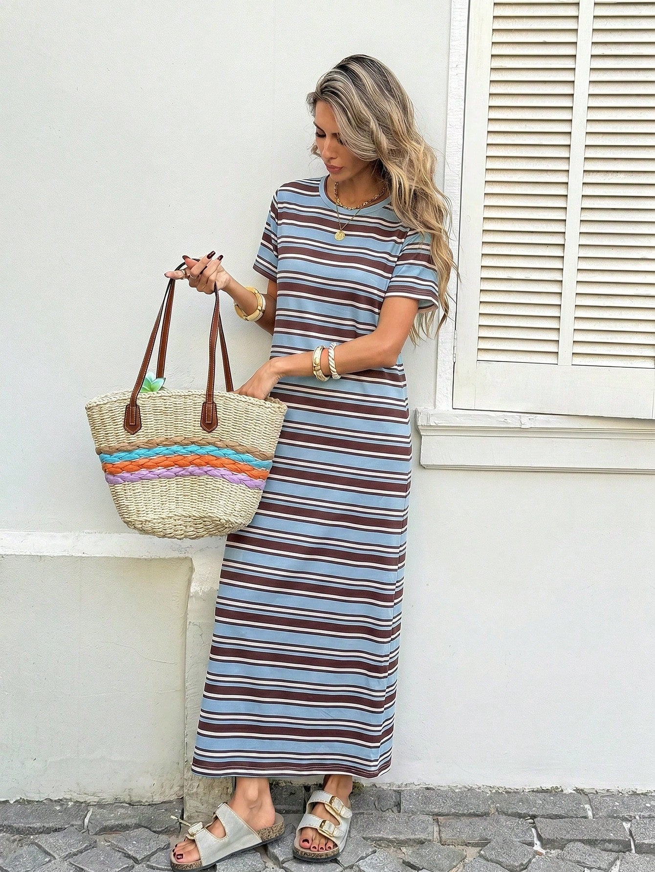 LUNE Women's Casual Tropical Blue And White Stripe Belt Decor Summer Beach Vacation Daily Basic Fashion Outing Outfit Short Sleeve Midi Dress