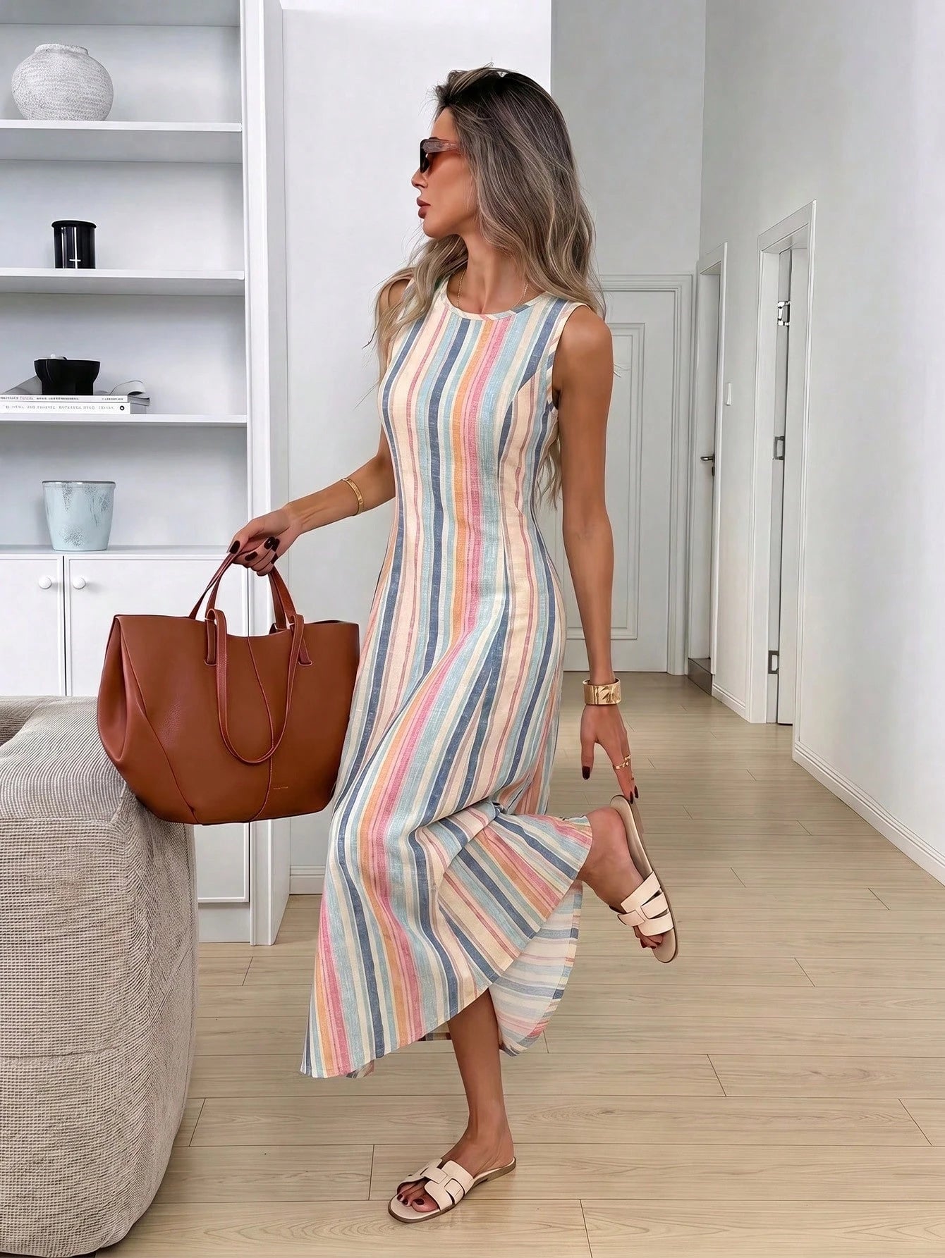 LUNE Women's Casual Tropical Sleeveless Round Neck Dress, Blue And Yellow Irregular Striped All-Over Print Pattern Suitable For Summer Daily Wear, Vacation