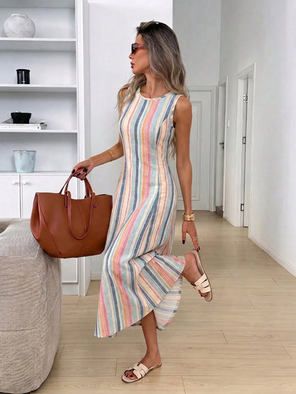 LUNE Women's Casual Tropical Sleeveless Round Neck Dress, Blue And Yellow Irregular Striped All-Over Print Pattern Suitable For Summer Daily Wear, Vacation