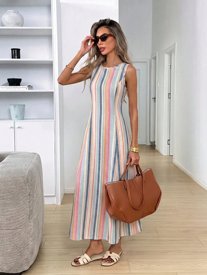 LUNE Women's Casual Tropical Sleeveless Round Neck Dress, Blue And Yellow Irregular Striped All-Over Print Pattern Suitable For Summer Daily Wear, Vacation