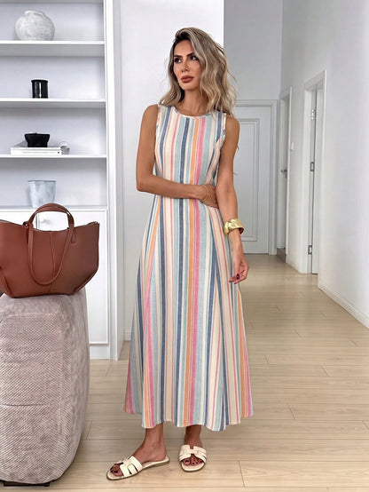 LUNE Women's Casual Tropical Sleeveless Round Neck Dress, Blue And Yellow Irregular Striped All-Over Print Pattern Suitable For Summer Daily Wear, Vacation