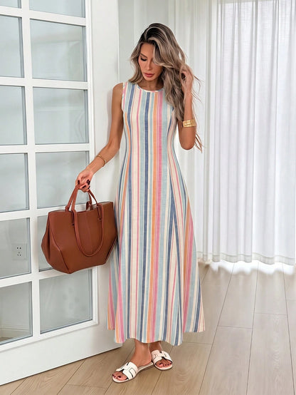 LUNE Women's Casual Tropical Sleeveless Round Neck Dress, Blue And Yellow Irregular Striped All-Over Print Pattern Suitable For Summer Daily Wear, Vacation