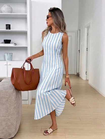 LUNE Women's Casual Tropical Sleeveless Round Neck Dress, Blue And Yellow Irregular Striped All-Over Print Pattern Suitable For Summer Daily Wear, Vacation