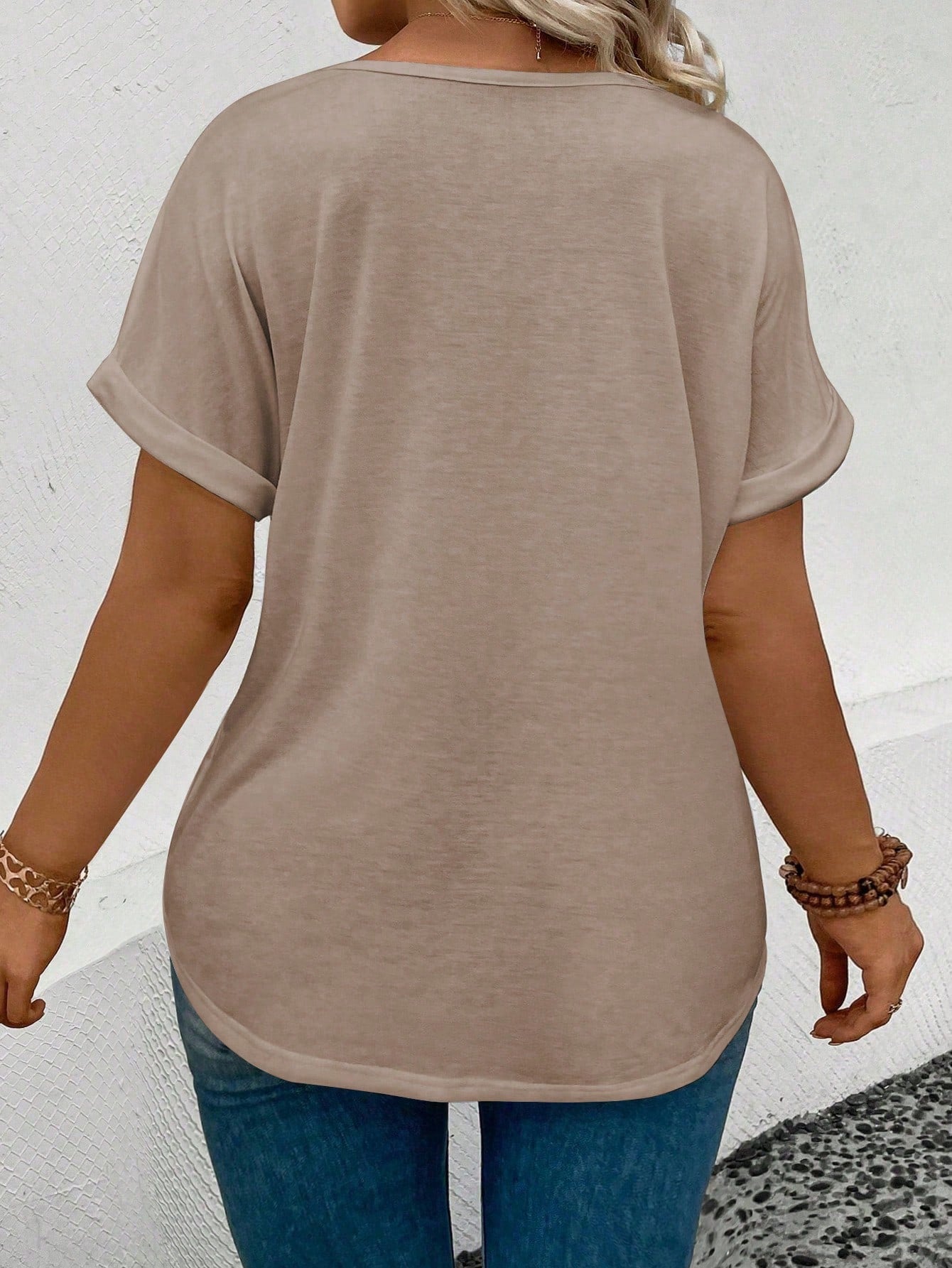 LUNE Women's Casual V-Neck Turnover Cuff Short Sleeve All-Match Versatile Plus Size T-Shirt, Spring/Summer