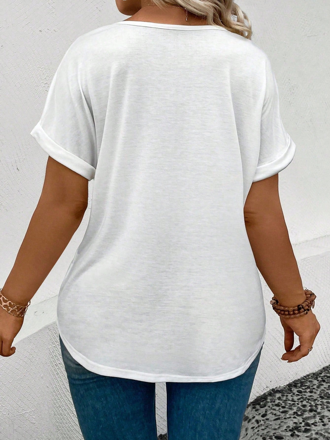 LUNE Women's Casual V-Neck Turnover Cuff Short Sleeve All-Match Versatile Plus Size T-Shirt, Spring/Summer