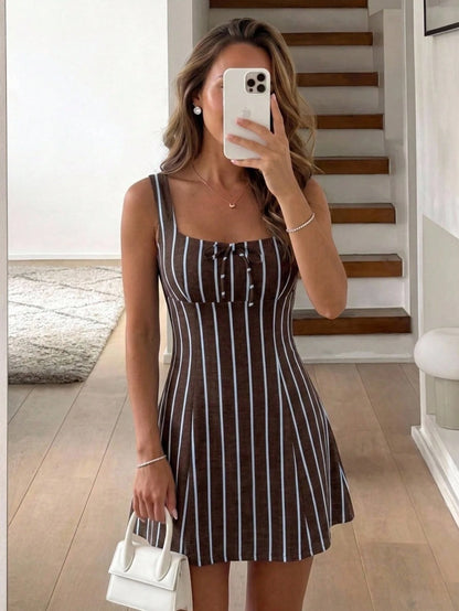 LUNE Women's Dark Brown Front Tie Sleeveless Fashion Mini Dress Club Night Summer Sexy