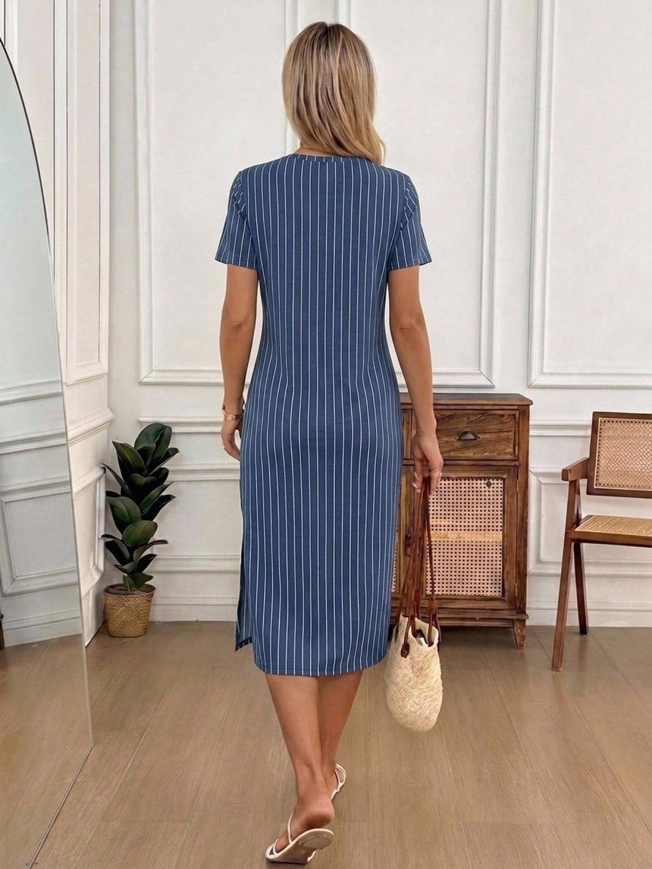 LUNE Women's Minimalist Casual Daily Daytime Everyday Going Out Striped Round Neck Short Sleeve Side Slit Dress Navy Blue And White Summer
