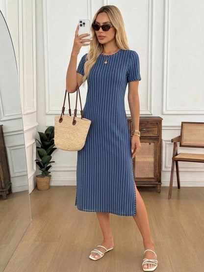 LUNE Women's Minimalist Casual Daily Daytime Everyday Going Out Striped Round Neck Short Sleeve Side Slit Dress Navy Blue And White Summer