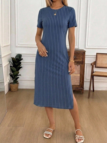 LUNE Women's Minimalist Casual Daily Daytime Everyday Going Out Striped Round Neck Short Sleeve Side Slit Dress Navy Blue And White Summer