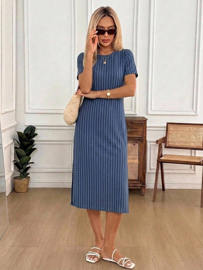 LUNE Women's Minimalist Casual Daily Daytime Everyday Going Out Striped Round Neck Short Sleeve Side Slit Dress Navy Blue And White Summer