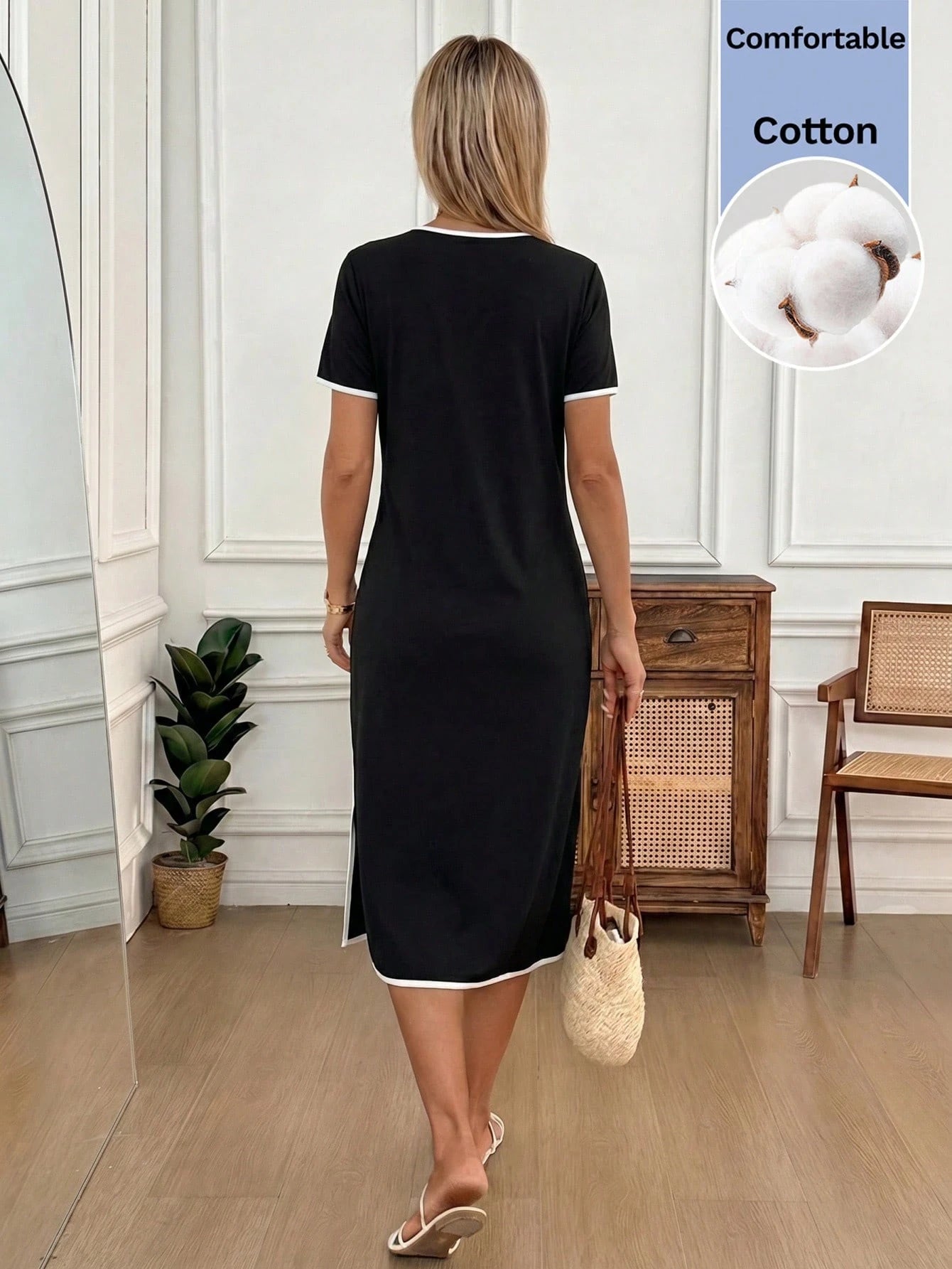 LUNE Women's Minimalist Casual Daily Daytime Everyday Going Out Striped Round Neck Short Sleeve Side Slit Dress Navy Blue And White Summer
