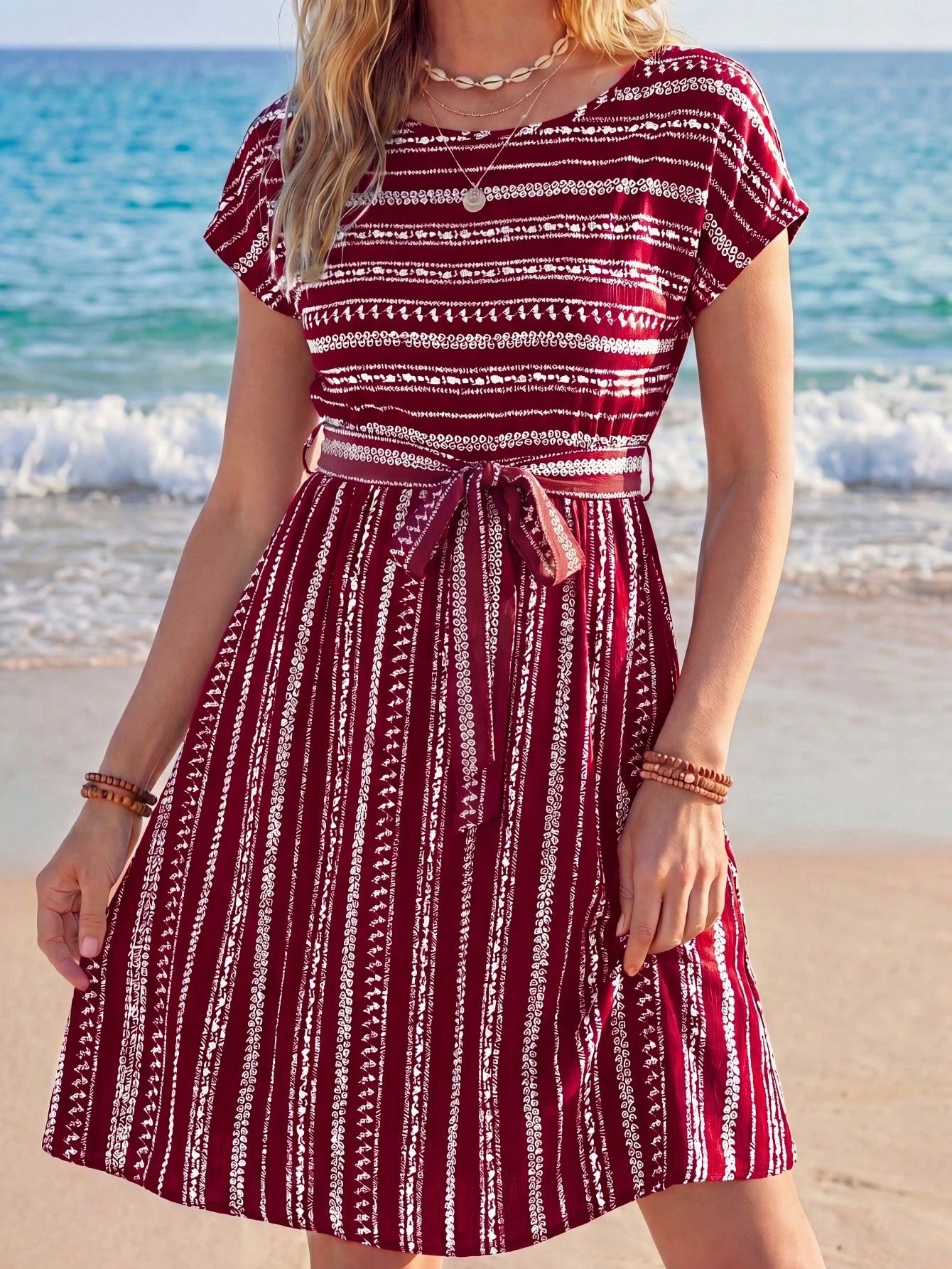 LUNE Women's Red And White Striped Crew Neck Short Sleeve Knotted Waist Casual Tropical Boho Dress, Beach Vacation Outfit For Holiday Summer