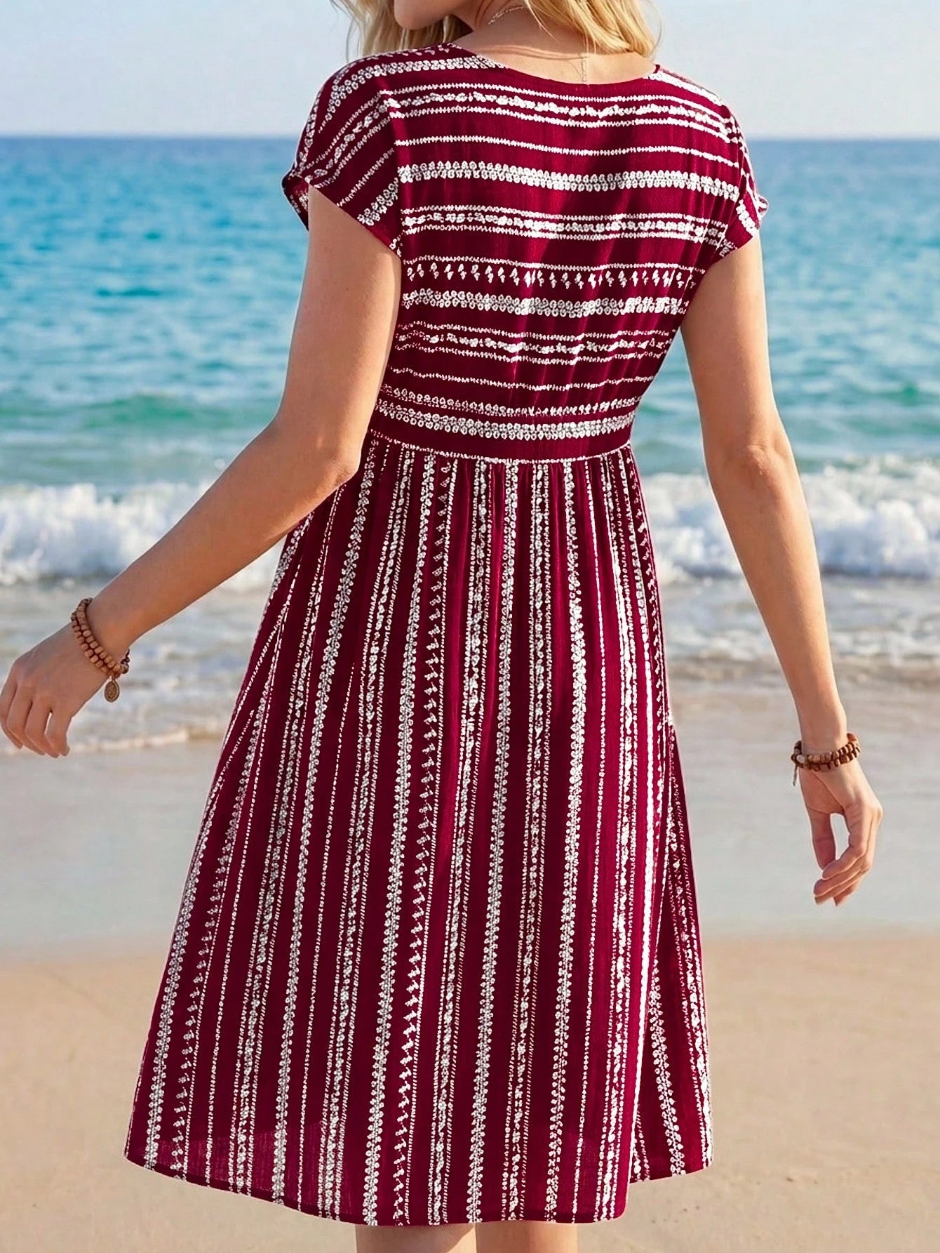 LUNE Women's Red And White Striped Crew Neck Short Sleeve Knotted Waist Casual Tropical Boho Dress, Beach Vacation Outfit For Holiday Summer