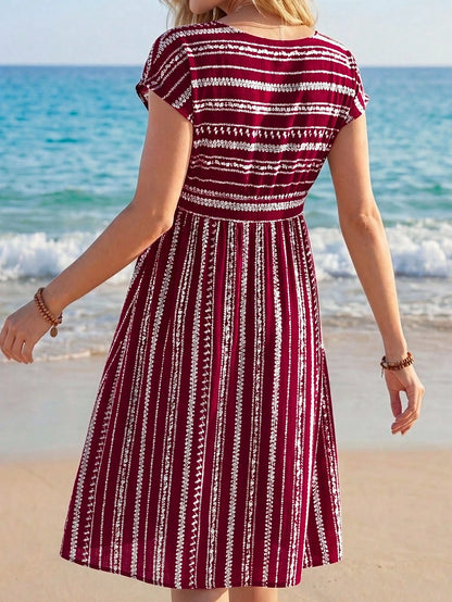 LUNE Women's Red And White Striped Crew Neck Short Sleeve Knotted Waist Casual Tropical Boho Dress, Beach Vacation Outfit For Holiday Summer