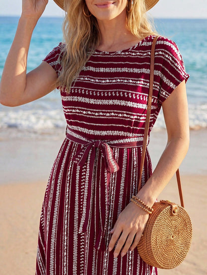 LUNE Women's Red And White Striped Crew Neck Short Sleeve Knotted Waist Casual Tropical Boho Dress, Beach Vacation Outfit For Holiday Summer