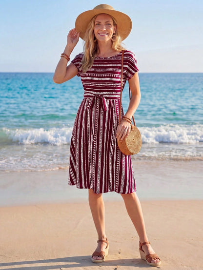 LUNE Women's Red And White Striped Crew Neck Short Sleeve Knotted Waist Casual Tropical Boho Dress, Beach Vacation Outfit For Holiday Summer