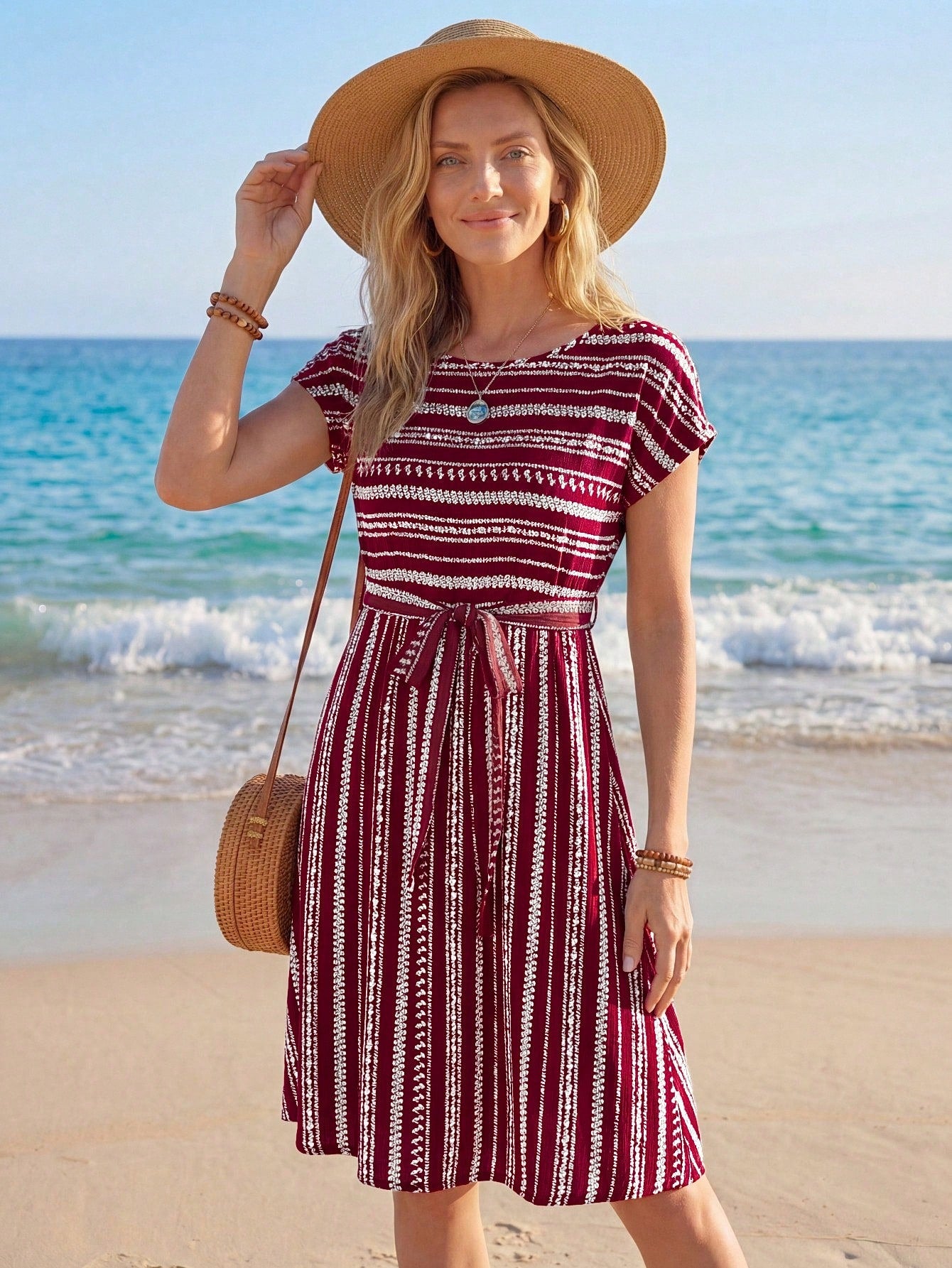 LUNE Women's Red And White Striped Crew Neck Short Sleeve Knotted Waist Casual Tropical Boho Dress, Beach Vacation Outfit For Holiday Summer