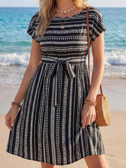 LUNE Women's Red And White Striped Crew Neck Short Sleeve Knotted Waist Casual Tropical Boho Dress, Beach Vacation Outfit For Holiday Summer