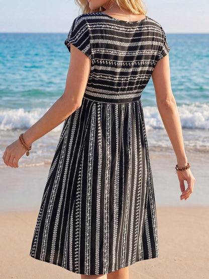 LUNE Women's Red And White Striped Crew Neck Short Sleeve Knotted Waist Casual Tropical Boho Dress, Beach Vacation Outfit For Holiday Summer