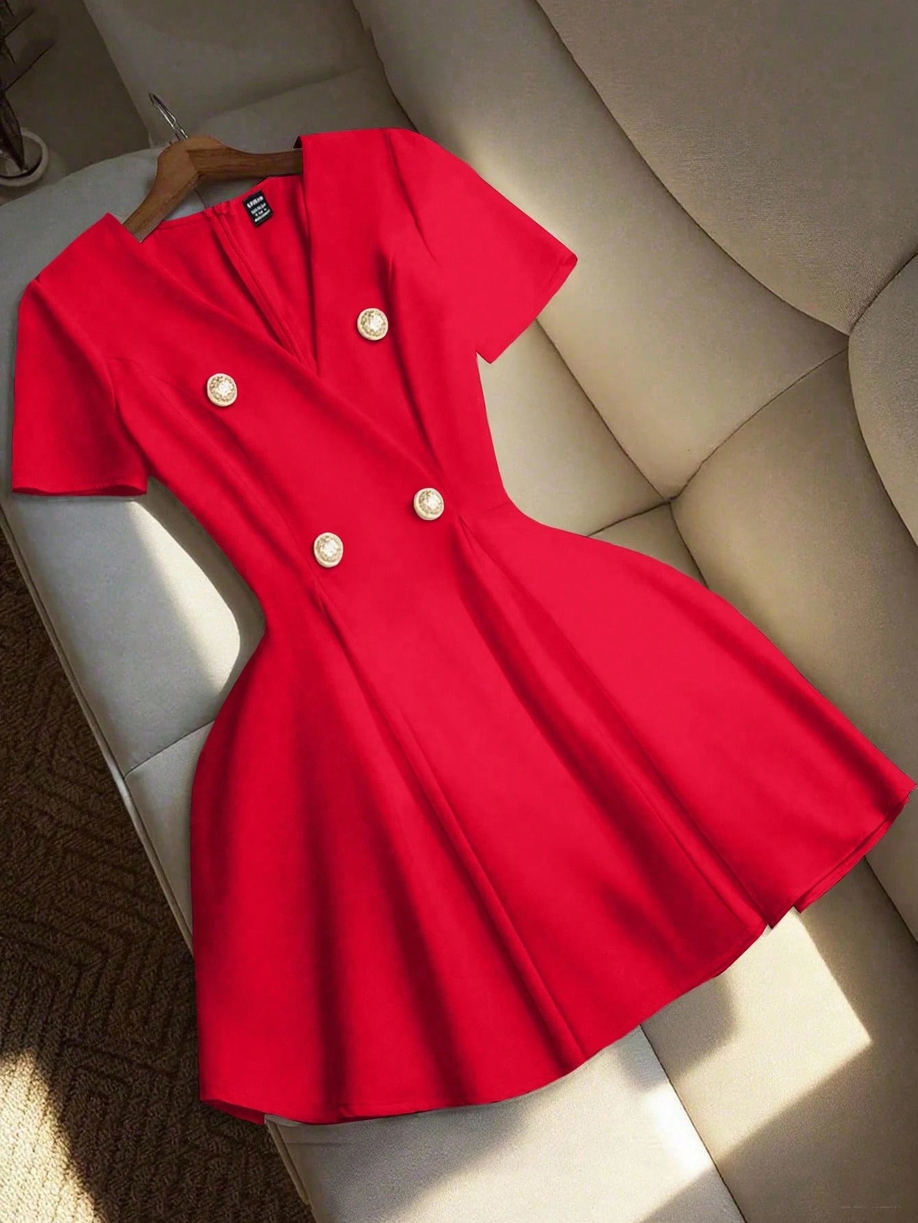 LUNE Women's Solid Color Crossed Wrap Double-Breasted Elegant Short Sleeve Mini Dress
