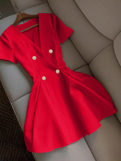 LUNE Women's Solid Color Crossed Wrap Double-Breasted Elegant Short Sleeve Mini Dress