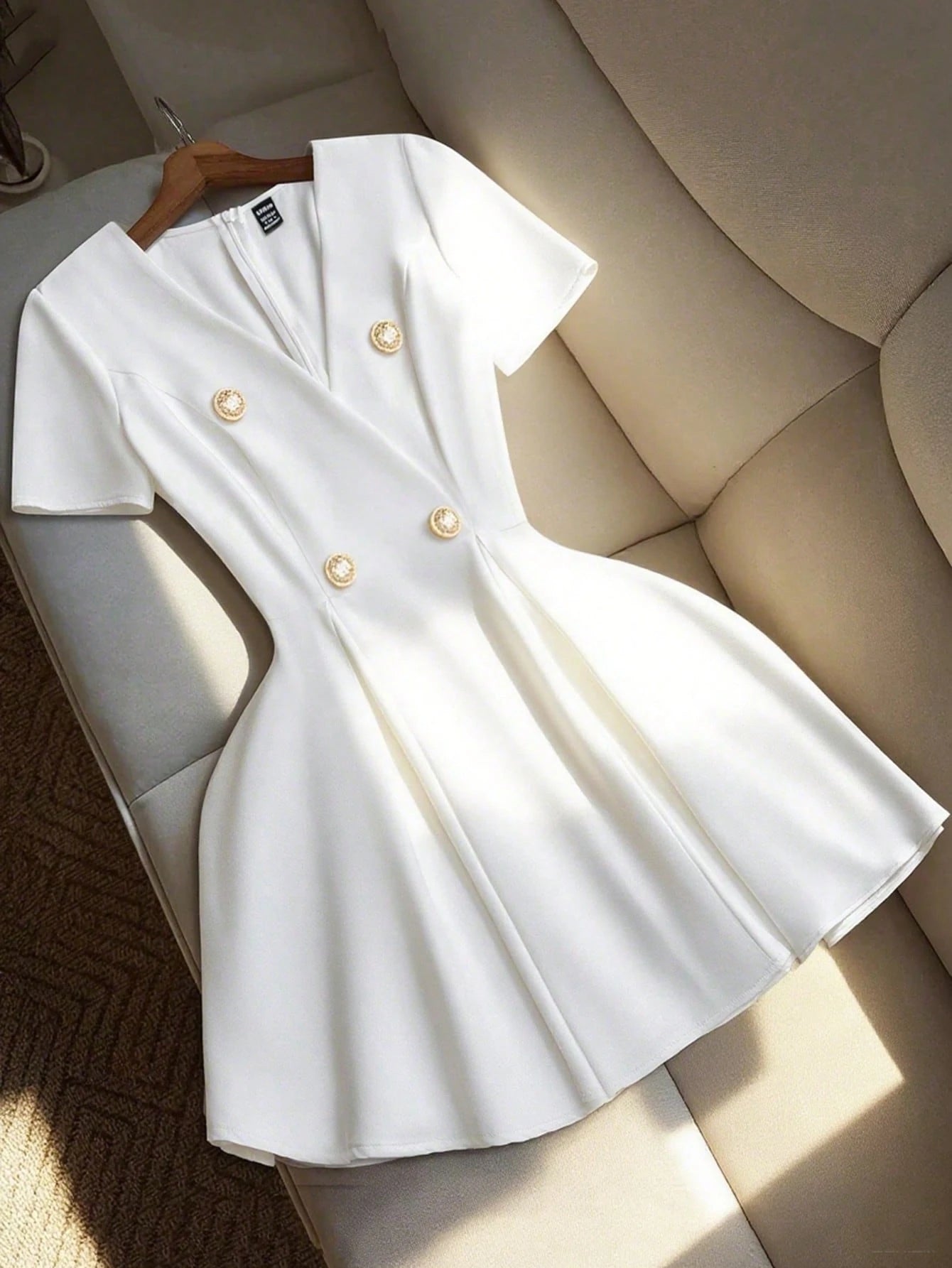 LUNE Women's Solid Color Crossed Wrap Double-Breasted Elegant Short Sleeve Mini Dress