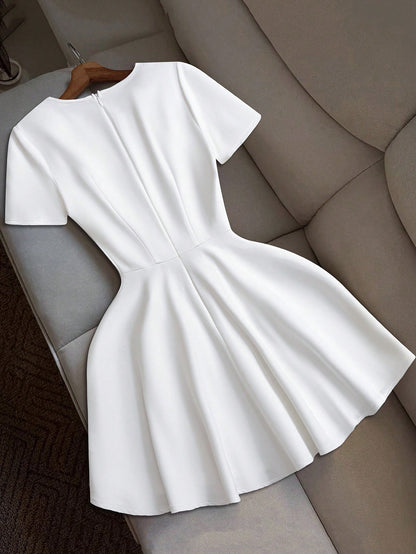 LUNE Women's Solid Color Crossed Wrap Double-Breasted Elegant Short Sleeve Mini Dress