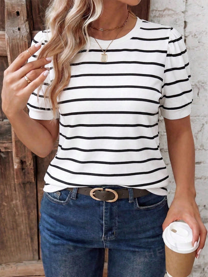 LUNE Women's Spring/Summer New Arrival Striped & Printed Pattern Casual Versatile Round Neck Plus Size T-Shirt