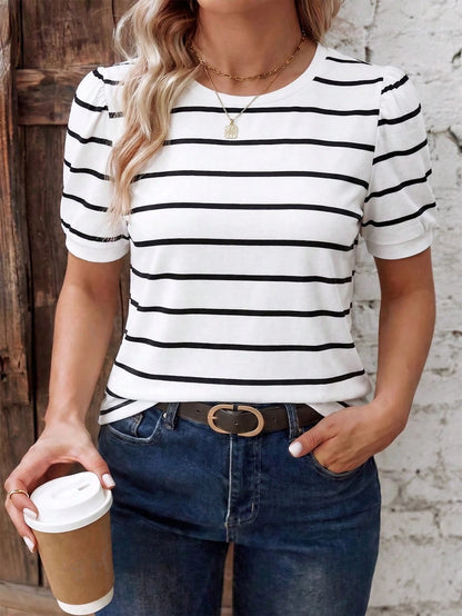 LUNE Women's Spring/Summer New Arrival Striped & Printed Pattern Casual Versatile Round Neck Plus Size T-Shirt