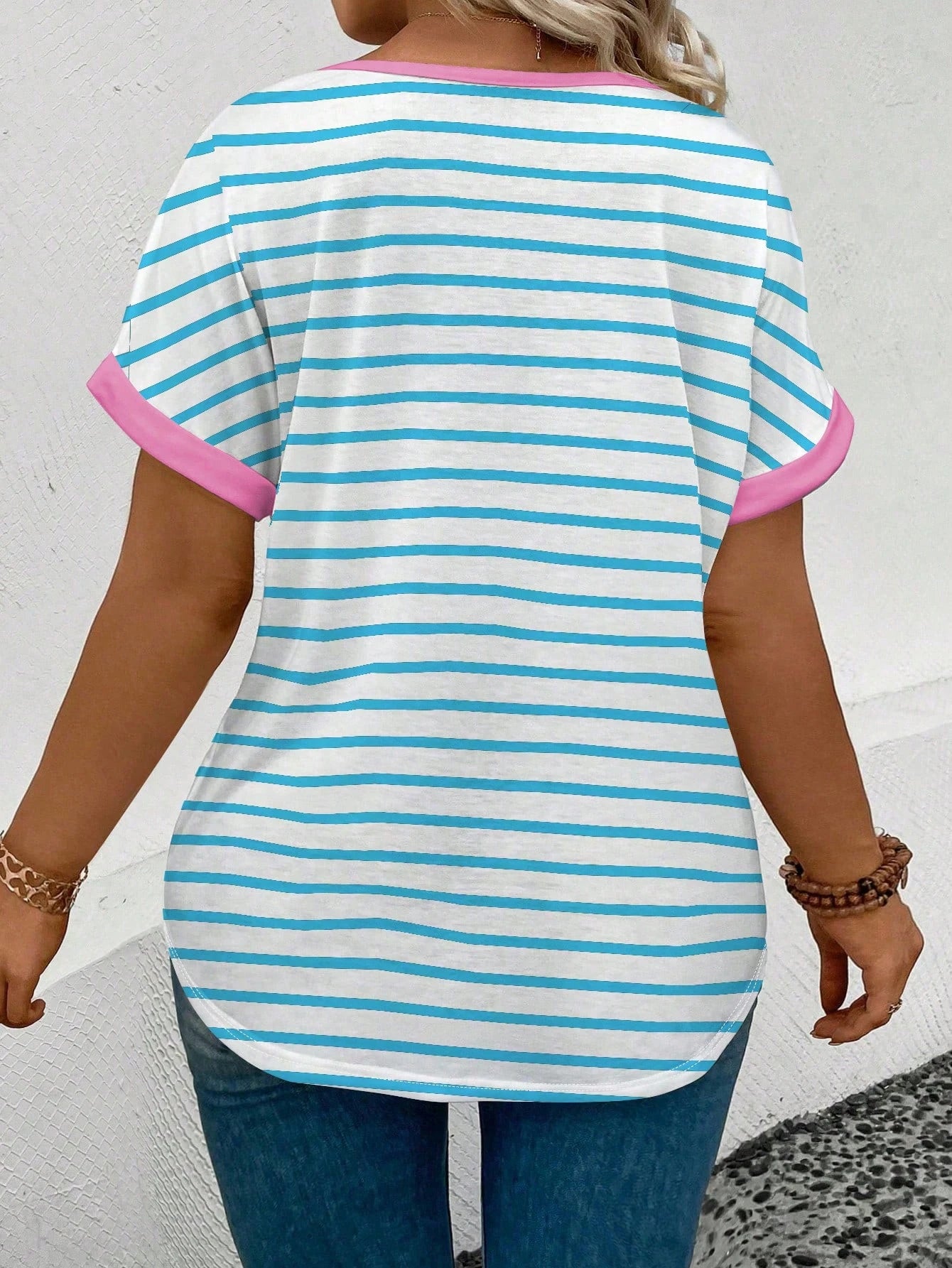 LUNE Women's Spring/Summer New Round Neck Short Sleeve Striped Print Casual Versatile Plus Size T-Shirt