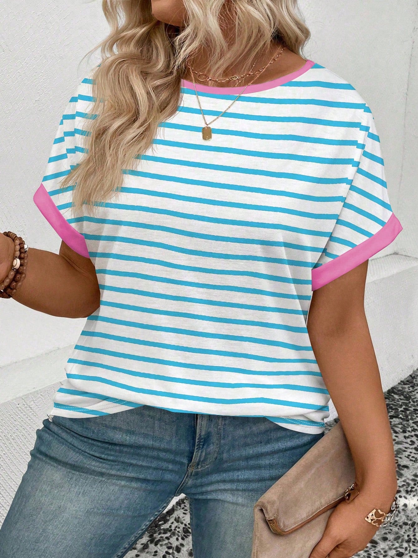 LUNE Women's Spring/Summer New Round Neck Short Sleeve Striped Print Casual Versatile Plus Size T-Shirt
