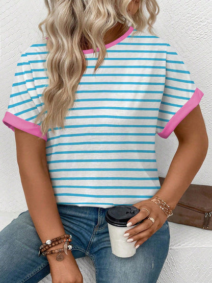 LUNE Women's Spring/Summer New Round Neck Short Sleeve Striped Print Casual Versatile Plus Size T-Shirt