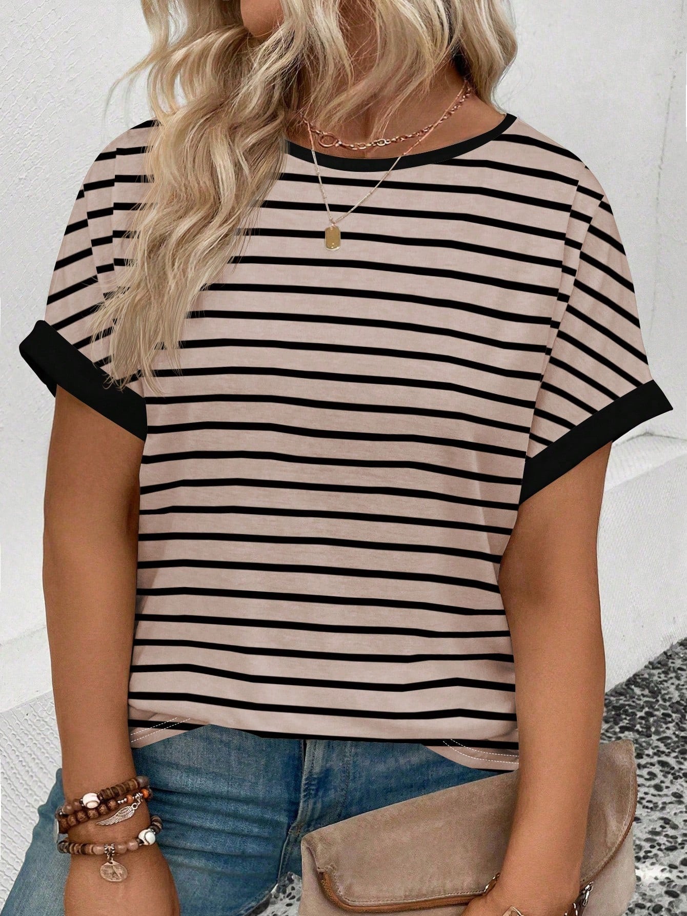 LUNE Women's Spring/Summer New Round Neck Short Sleeve Striped Print Casual Versatile Plus Size T-Shirt