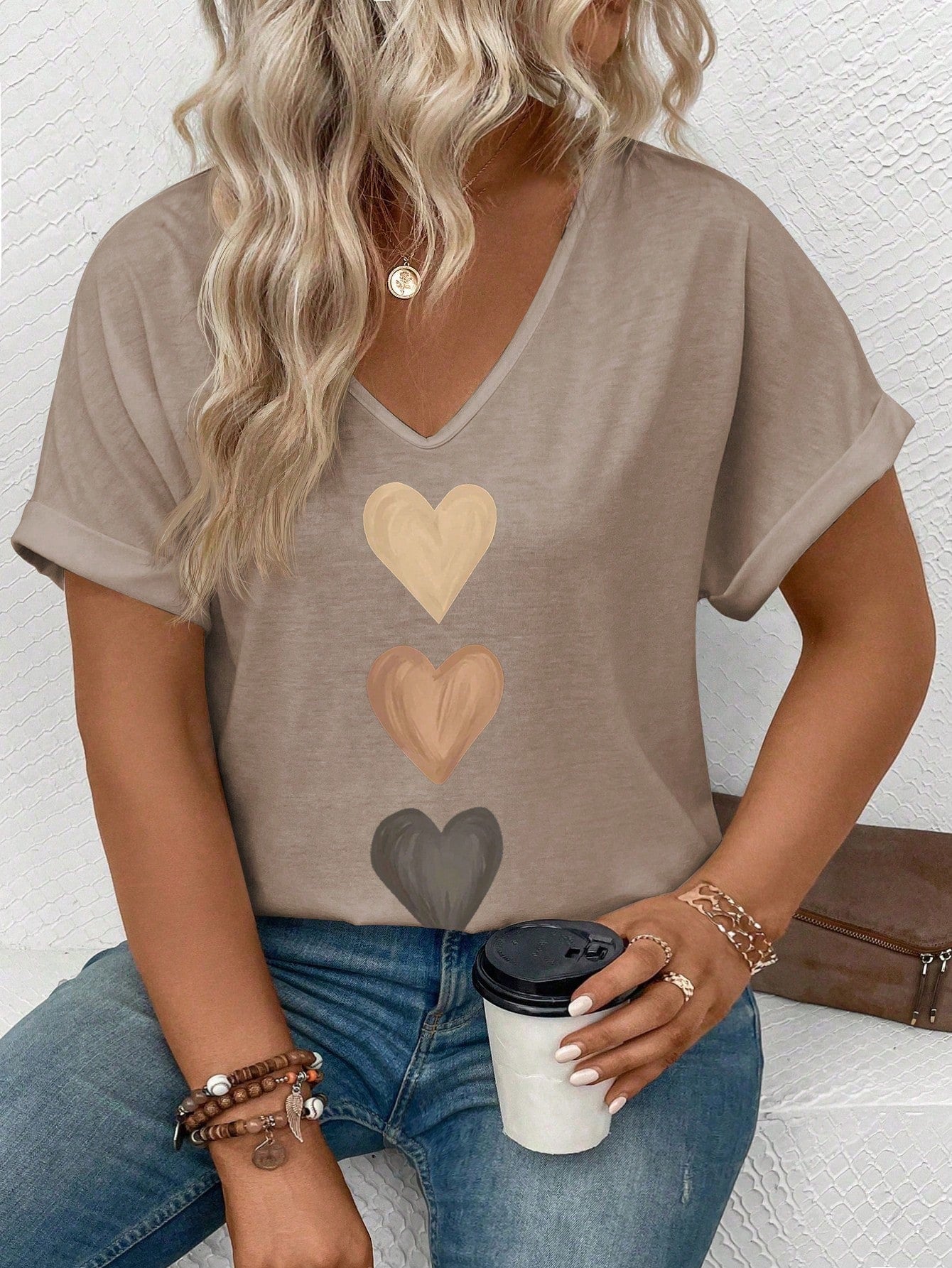 LUNE Women's V-Neck Cuffed Sleeve, Ombre Heart Print Casual Versatile Cotton Plus Size T-Shirt, Spring/Summer