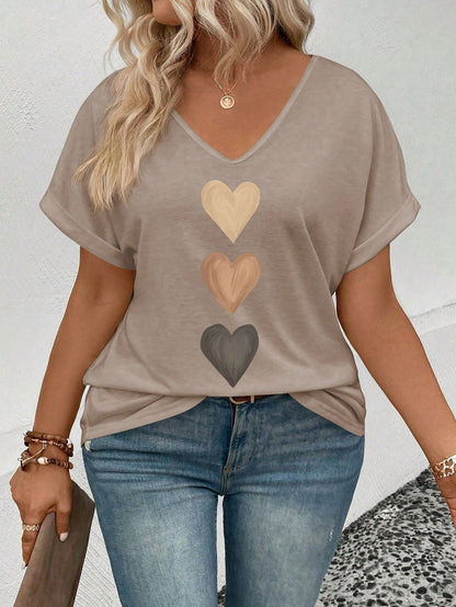 LUNE Women's V-Neck Cuffed Sleeve, Ombre Heart Print Casual Versatile Cotton Plus Size T-Shirt, Spring/Summer