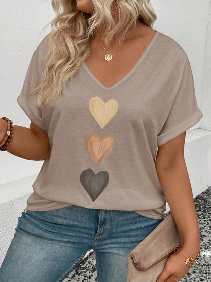 LUNE Women's V-Neck Cuffed Sleeve, Ombre Heart Print Casual Versatile Cotton Plus Size T-Shirt, Spring/Summer