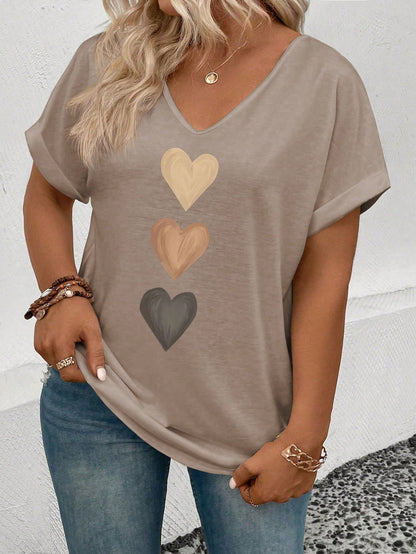 LUNE Women's V-Neck Cuffed Sleeve, Ombre Heart Print Casual Versatile Cotton Plus Size T-Shirt, Spring/Summer