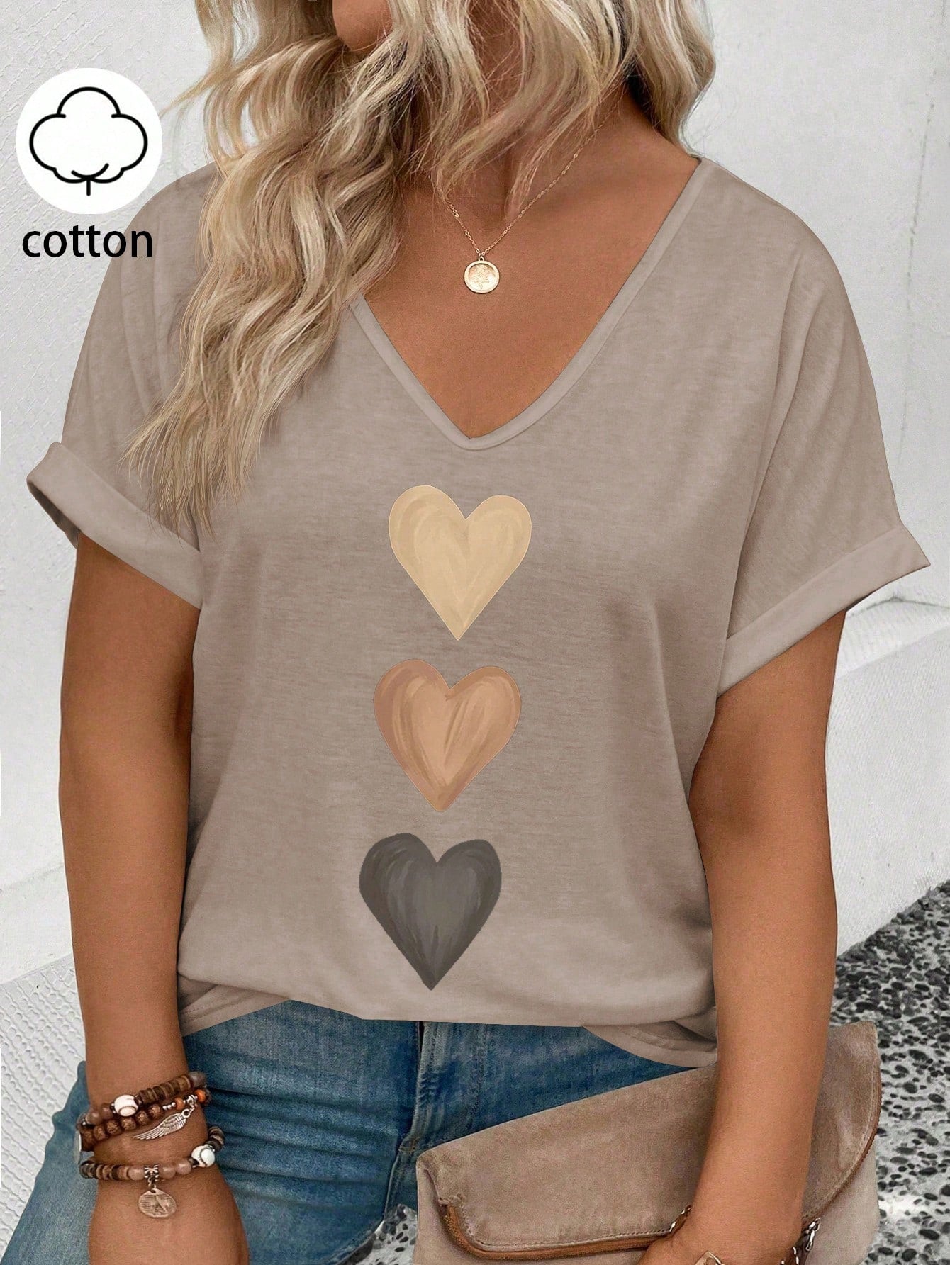 LUNE Women's V-Neck Cuffed Sleeve, Ombre Heart Print Casual Versatile Cotton Plus Size T-Shirt, Spring/Summer