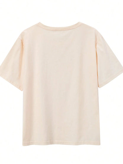 LUNE Women Wearing Round Neck, Short Sleeves, Printed Letters And Flowers On The Chest For Summer Short Sleeves