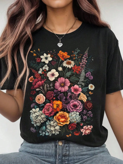 LUNE Women Wearing Round Neck, Short Sleeves, Printed Letters And Flowers On The Chest For Summer Short Sleeves