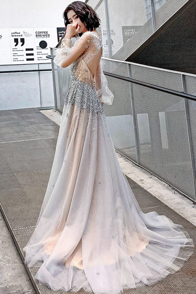 Luxurious Long Sleeves Silver Sequins Long Evening Dress
