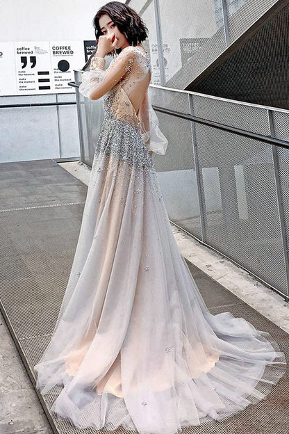 Luxurious Long Sleeves Silver Sequins Long Evening Dress