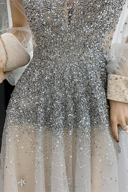 Luxurious Long Sleeves Silver Sequins Long Evening Dress